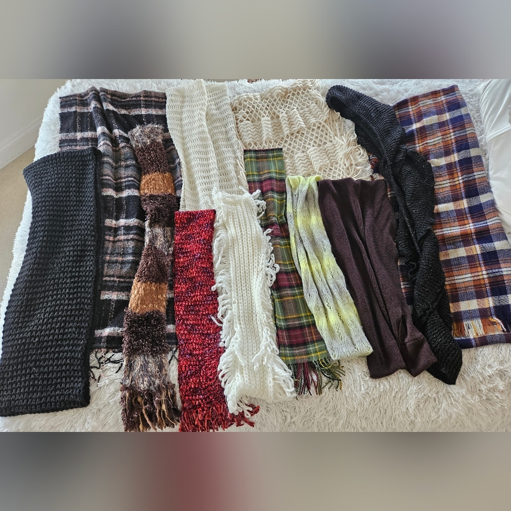 Lot of 12 Mixed Winter Scarf Scarves Bundle Plaid Knit Fringe Styles Multicolor